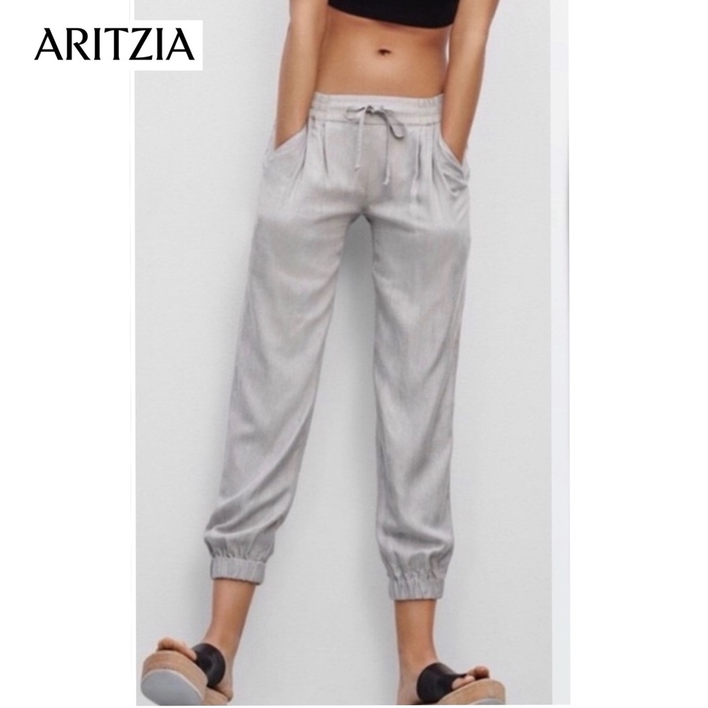 ARITZIA Talula Los Feliz Pull On Drawstring Joggers Pants XS Pleated Taupe Gray